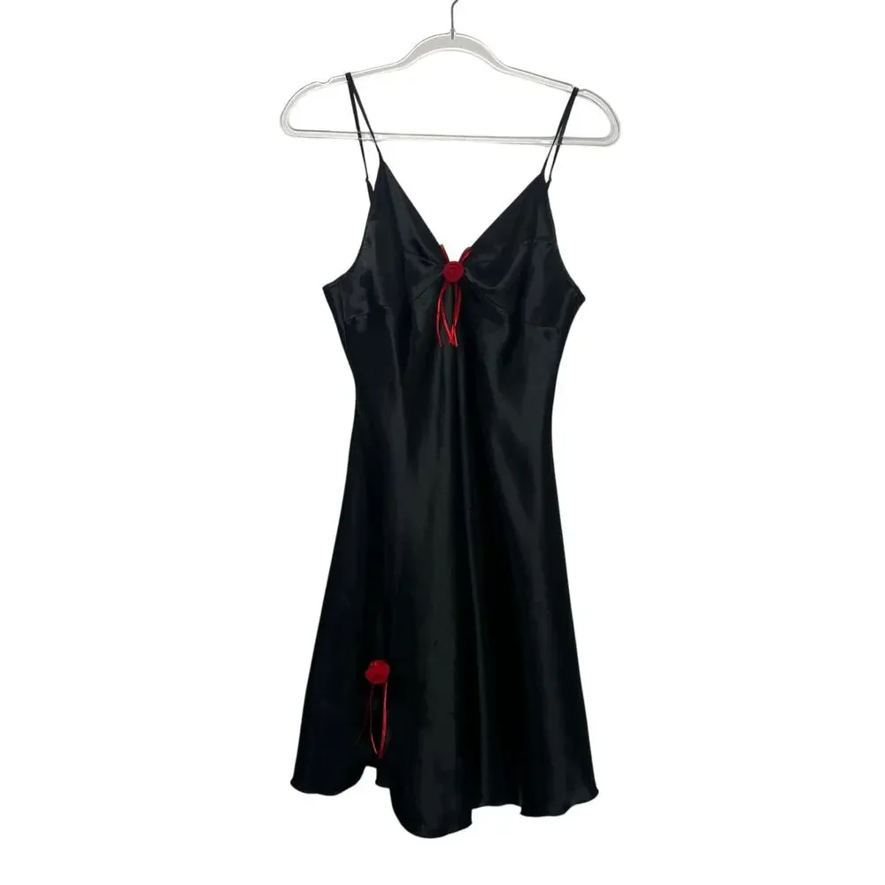 MIA-MIA Slip Dress Lingerie Nightdress Rosette Bow Satin Black Red Womens Size M